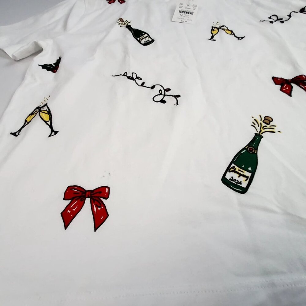 J. Crew White Holiday Graphic T-Shirt With Champagne & Festive Prints  Size S - Picture 2 of 8